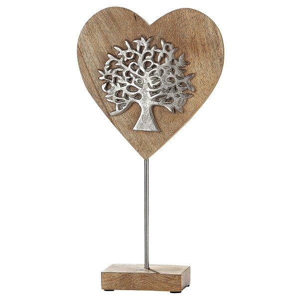 Διακοσμητικό Καρδιά Με Δέντρο Της Ζωής Σε Βάση Φυσικό/Ασημί Ξύλο/Αλουμίνιο 1.5x20x36cm