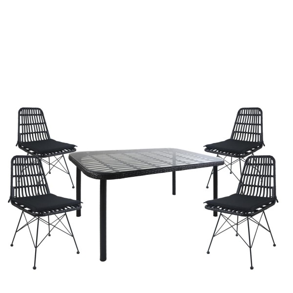 Σετ Τραπεζαρία Κήπου ArteLibre AMPLAS Μαύρο Μέταλλο/Rattan/Γυαλί Με 4 Καρέκλες 14990359