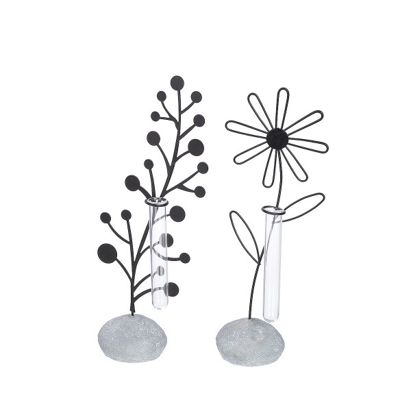 Διακοσμητικό ArteLibre Λουλούδι Σε Πέτρα Με Δοκιμαστικό Σωλήνα Μαύρο/Γκρι Μέταλλο/Γυαλί/Πλαστικό 6x11x24cm