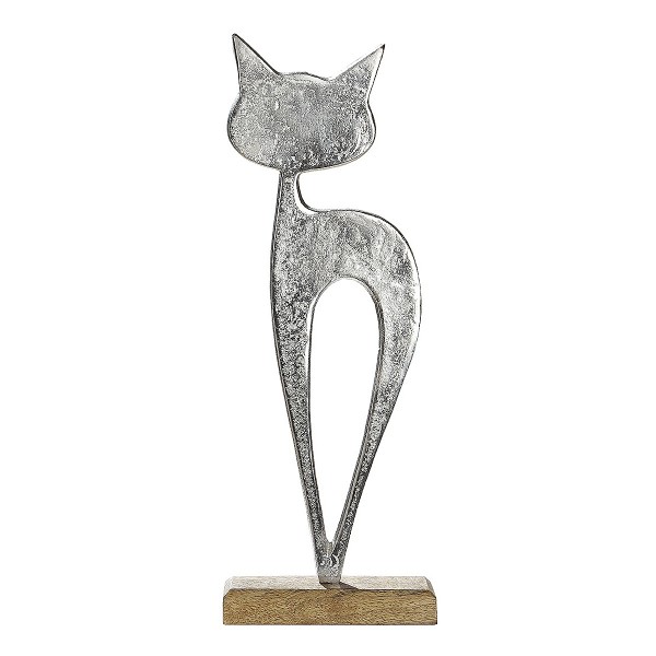 Διακοσμητικό Φιγούρα Γάτας Ασημί/Φυσικό Αλουμίνιο/Ξύλο 5x16x43cm
