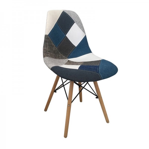 ART Wood Καρέκλα Τραπεζαρίας, Πόδια Οξιά, Κάθισμα PP με Ύφασμα Patchwork Blue-ΕΜ123,83-Ξύλο/Ύφασμα-4τμχ- 47x52x84cm