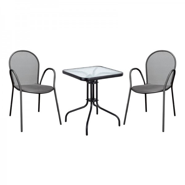 BALENO Set Κήπου - Βεράντας: Τραπέζι + 2 Πολυθρόνες ANTICO, Μέταλλο Βαφή Μαύρο-Ε5161,S-Μέταλλο/Γυαλί-1τμχ- Table:70x70x70 Chair:54x62x91