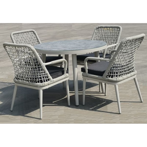 CENTRAL Set Τραπεζαρία Κήπου ALU & Rope Grey-Μαξιλ.Ανθρακί: Τραπέζι Φ100cm + 4 Πολυθρόνες-Ε6841-Αλουμίνιο/Wicker-1τμχ- Table:Φ100x75 Chair:61x65x90cm