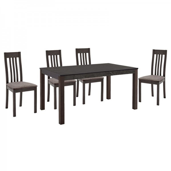 SABINIO Set (1+4) Τραπεζαρίας- Κουζίνας, Σκούρο Καρυδί, Melamine Greystone,Ύφασμα Μπεζ-Ε7878,1S-Ξύλο/Ύφασμα-1τμχ- Table 135x80x75/Chair 43x52x97