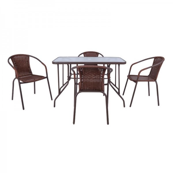 BALENO Set Τραπεζαρία Κήπου : Τραπέζι + 4 Πολυθρόνες Μέταλλο Καφέ - Wicker Brown-Ε240,3-Μέταλλο/Wicker-1τμχ- Τραπ:110x60x71- Πολ:53x58x77cm